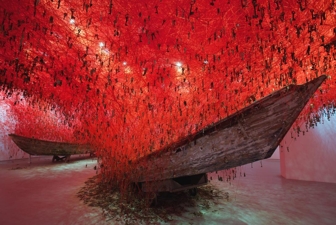 The Key in the Hand, 2015 Installation: old keys, wooden boats, red wool Japan Pavilion at 56th Venice Biennale, Venice, Italy Photo by Sunhi Mang © VEGAP, Madrid, 2020 and the artist 